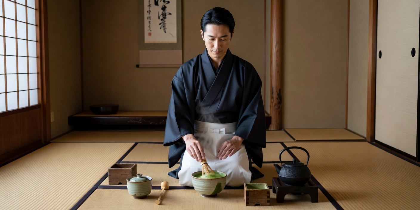Japanese traditional Matcha tea ceremony setup in Kyoto