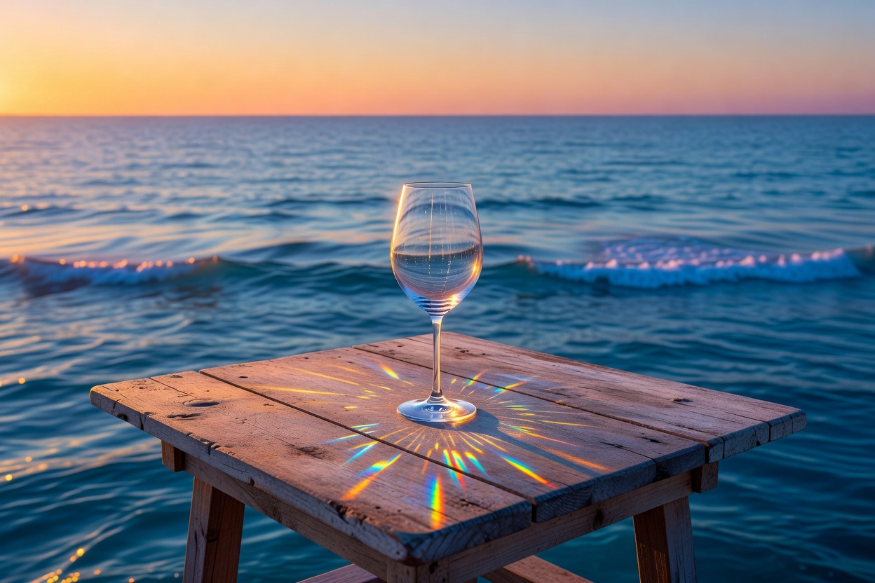 Scenic oceanfront view with wine glass on table during sunset