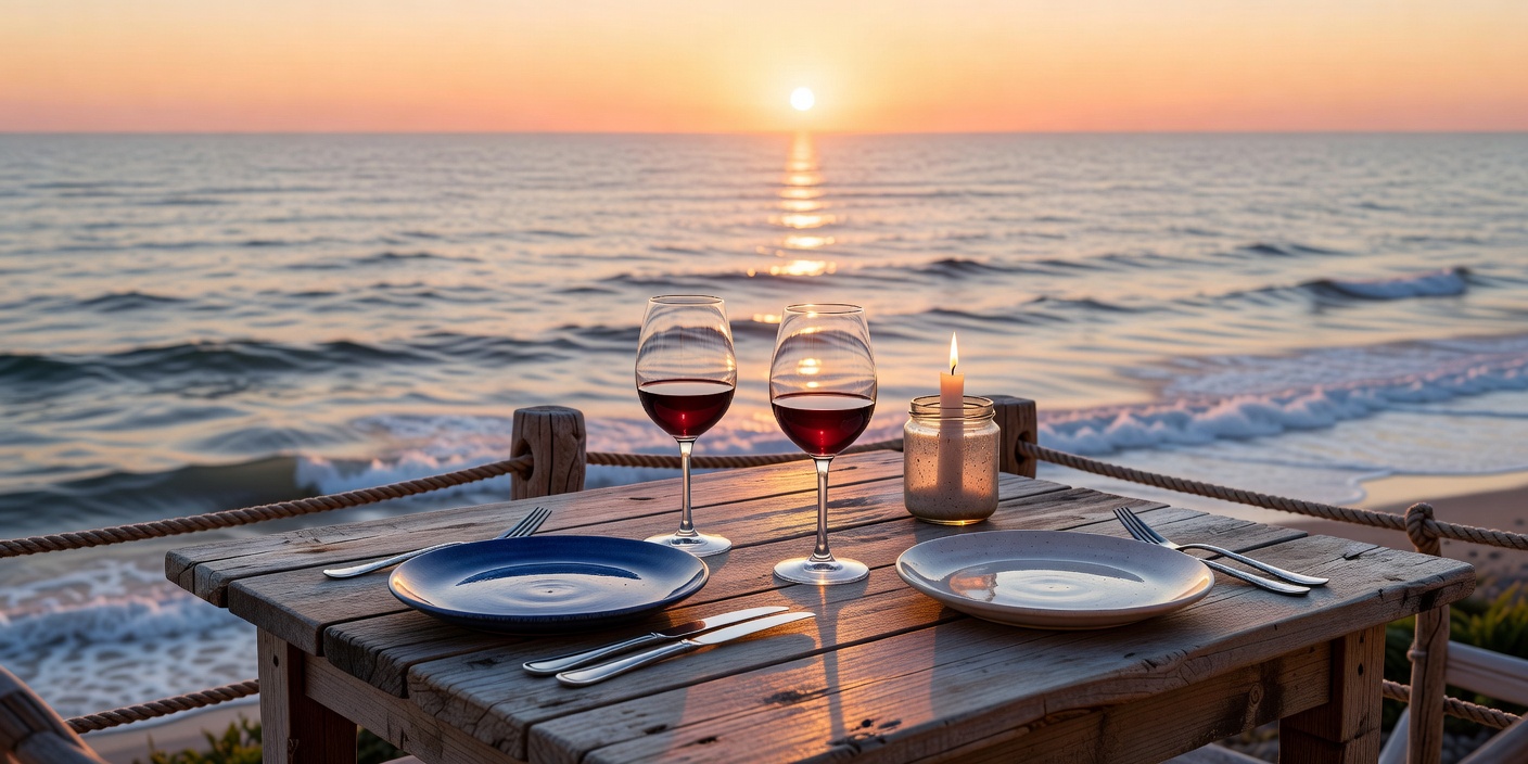 Traveler enjoying a cliffside ocean view with glass on table