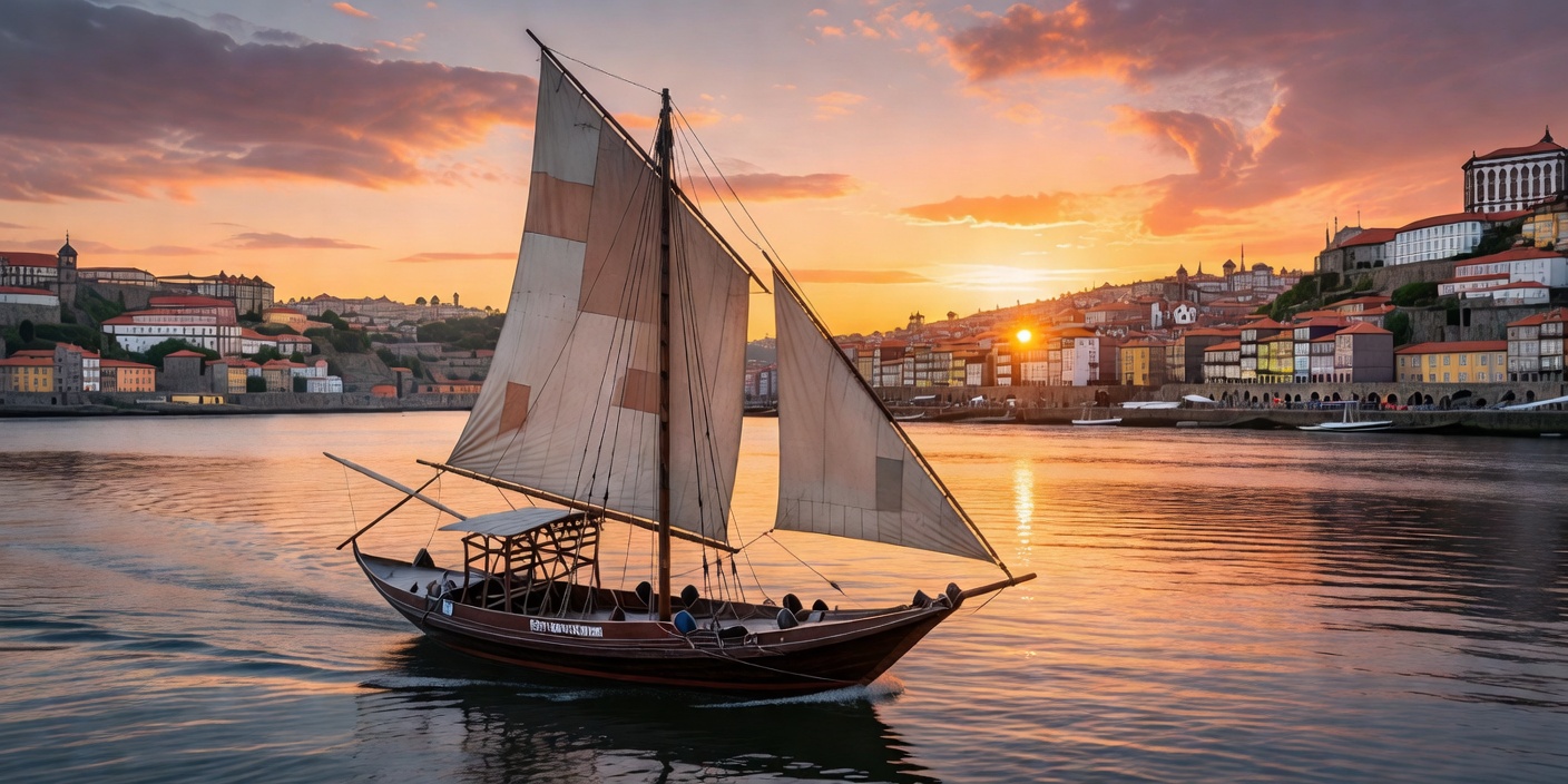 Porto vintage sailing boat at sunset on Douro River