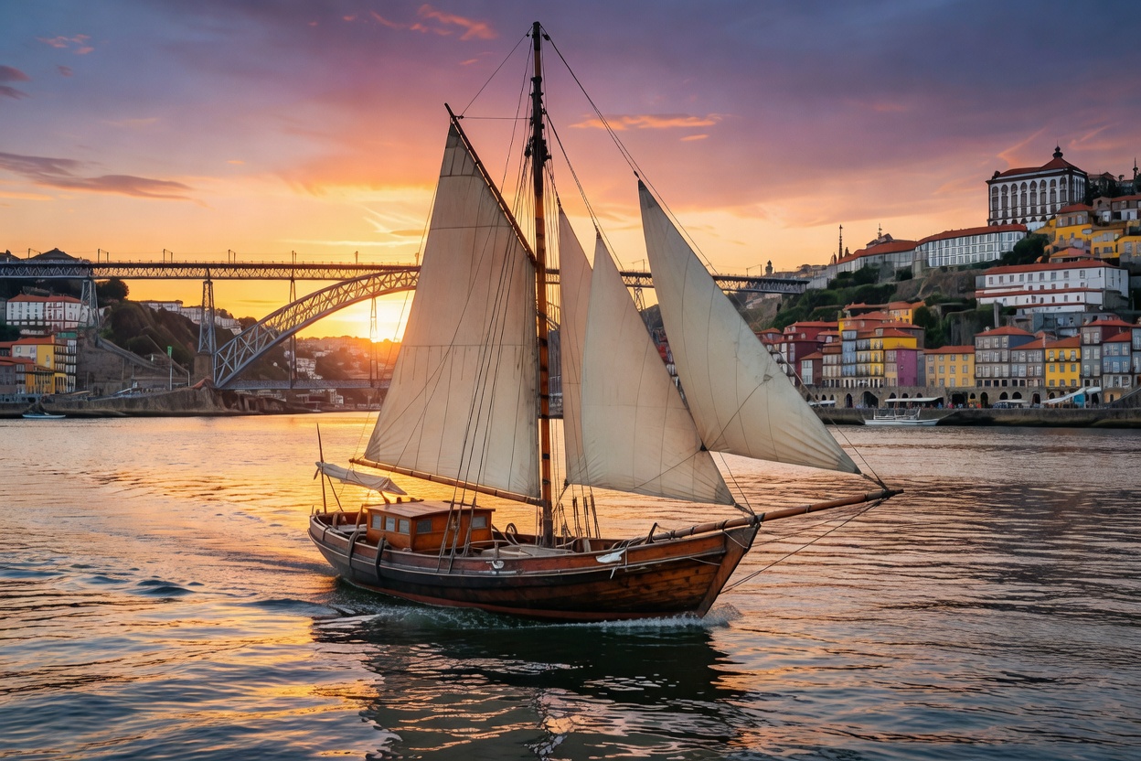 Sailing boat on Douro River in Porto with wine glasses in foreground