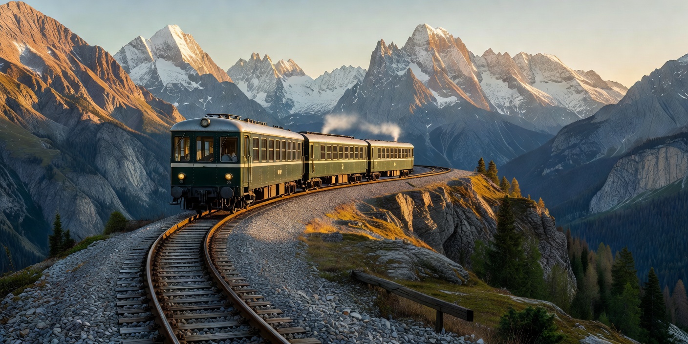 Scenic alpine train track with sleeper train
