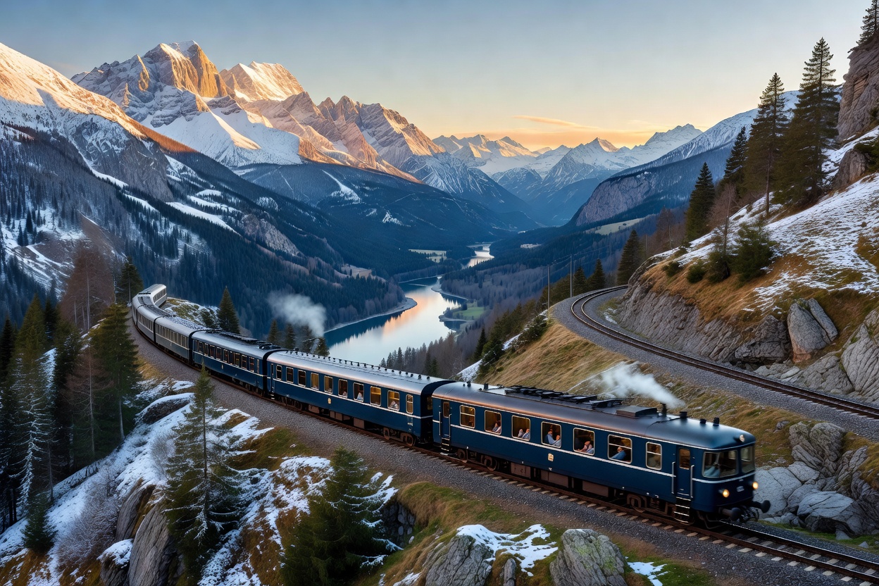Scenic sleeper train traveling through mountains in Austria