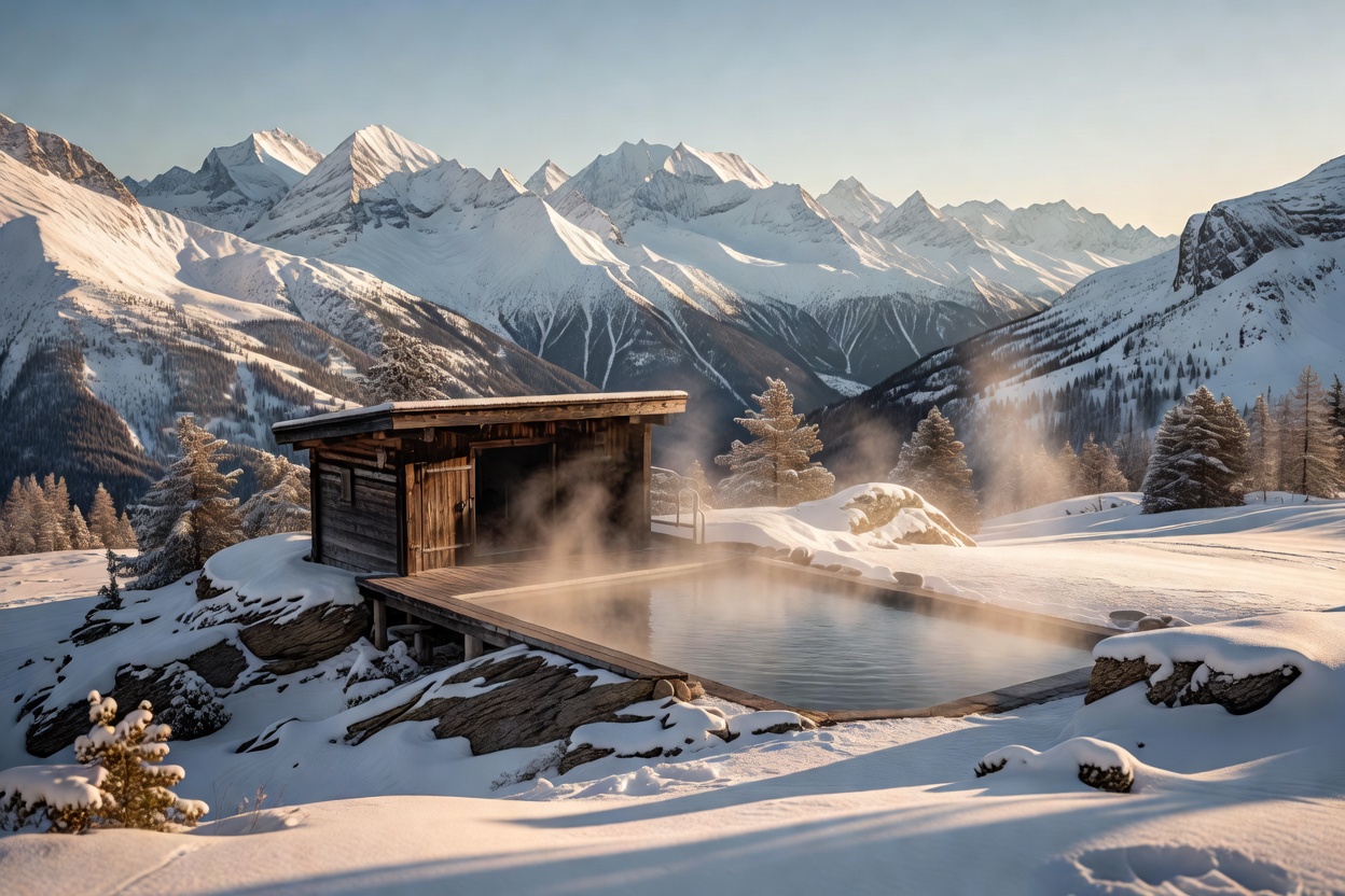 Swiss Alpine Thermal Spa pool overlooking snow-capped mountains