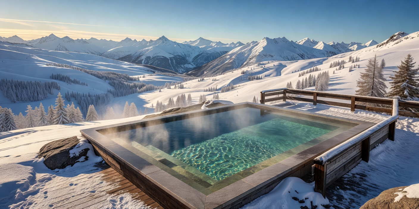 Swiss Alpine Mineral Thermal Bath looking over snow valleys