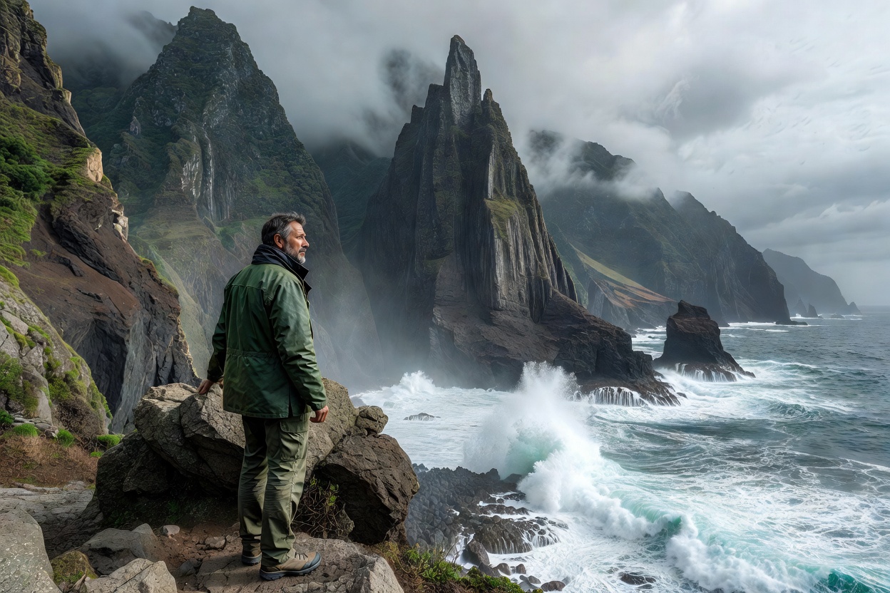 Traveler gazing out at dramatic coastal cliffs in Madeira